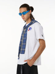 Jersey Knit Detachable Badge Hooded Plaid Cape T-Shirt 