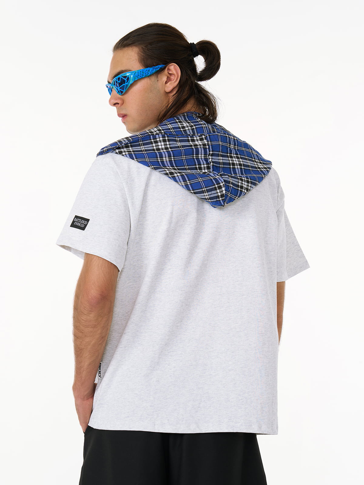 Jersey Knit Detachable Badge Hooded Plaid Cape T-Shirt 