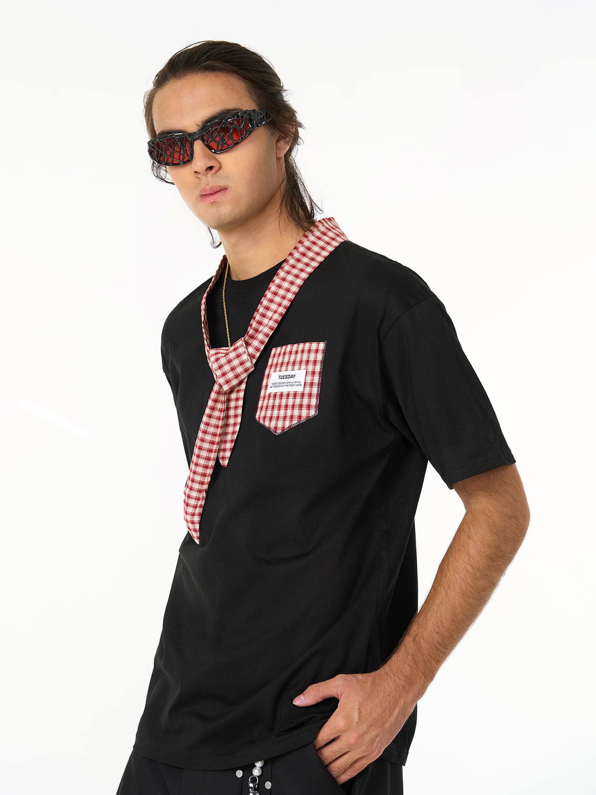 Street Plaid Tie Short Sleeve T-Shirt 