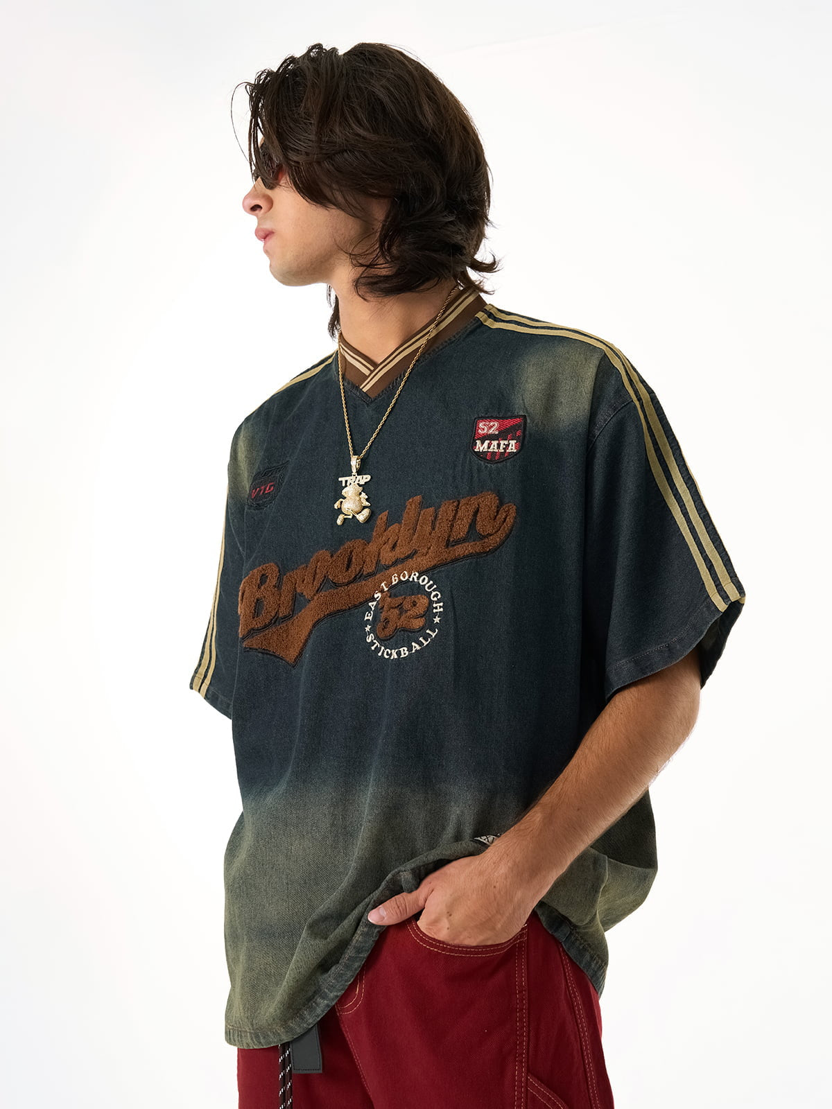 Vintage Distressed Washed Gradient Denim T-shirt 