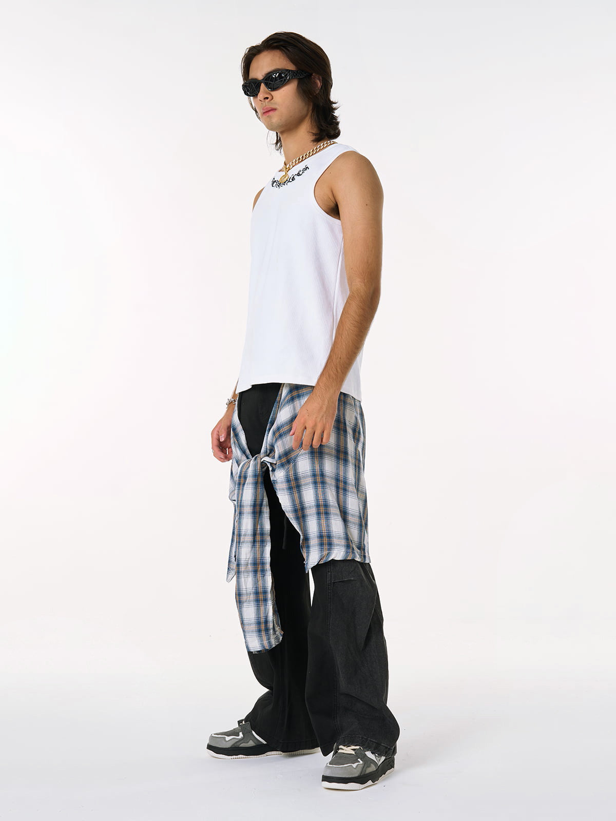 Faux Two-piece Plaid Detachable Scimitar Jeans - 2435 
