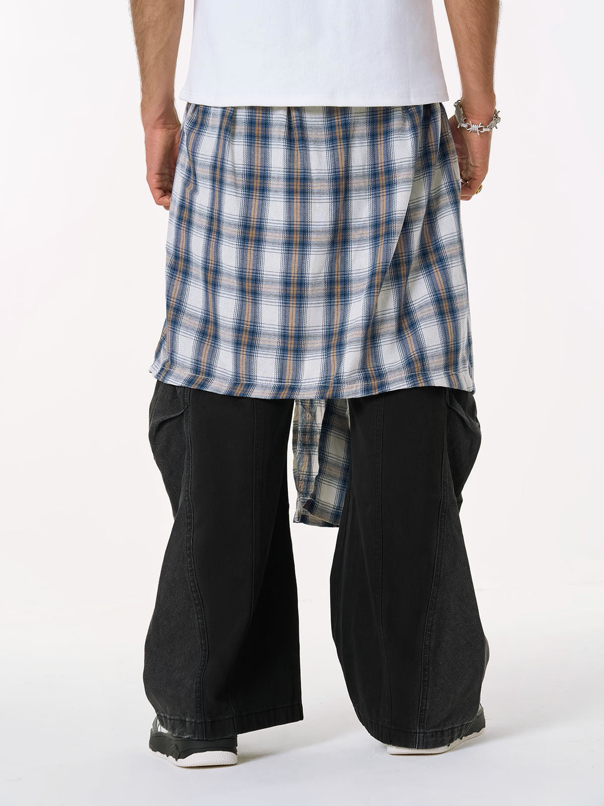 Faux Two-piece Plaid Detachable Scimitar Jeans - 2435 