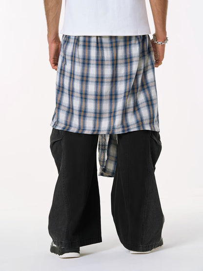 Faux Two-piece Plaid Detachable Scimitar Jeans - 2435 