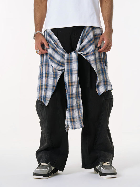 Faux Two-piece Plaid Detachable Scimitar Jeans - 2435 