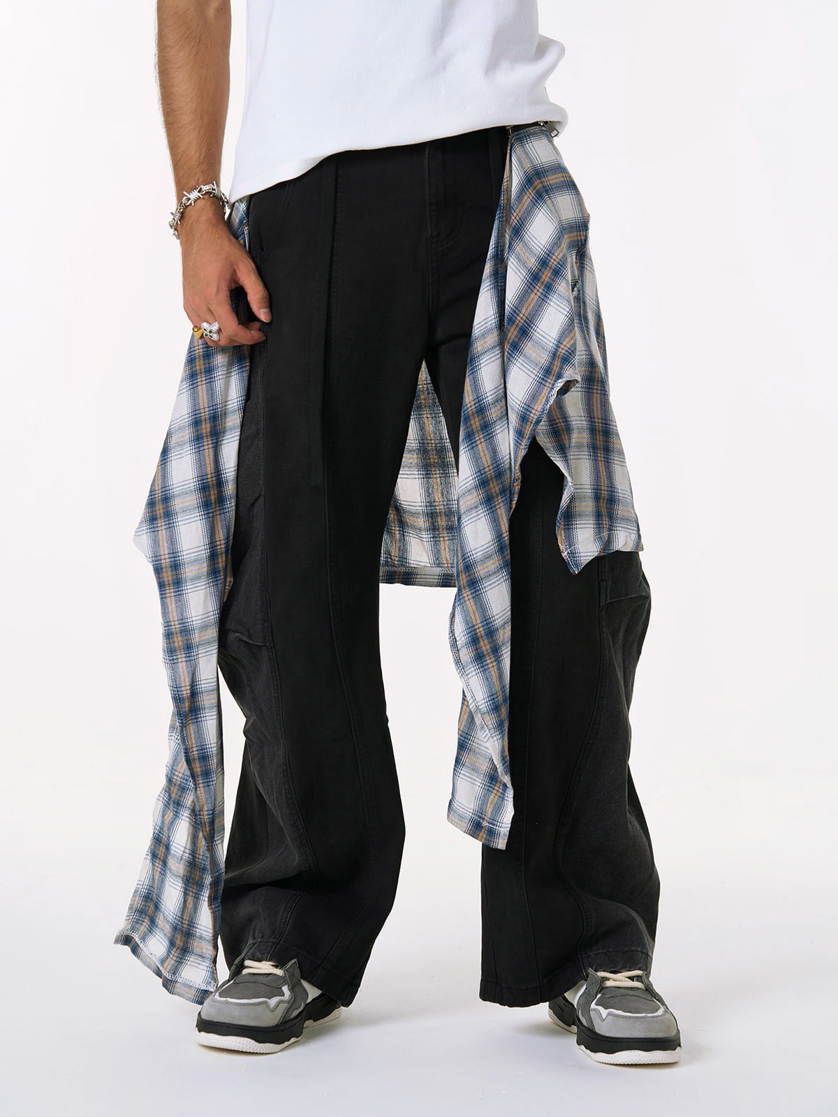 Denim Faux Two-piece Plaid Detachable Scimitar Jeans - 2435 