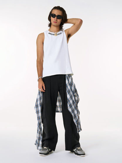 Faux Two-piece Plaid Detachable Scimitar Jeans - 2435 