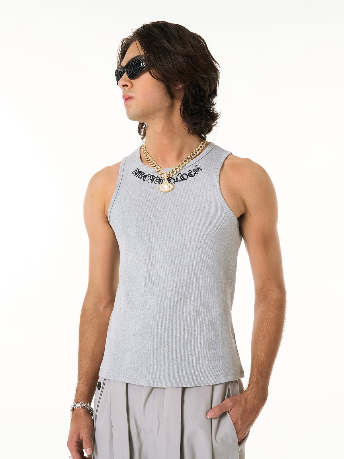 Gothic Lettering Embroidered Ribbed Vest 