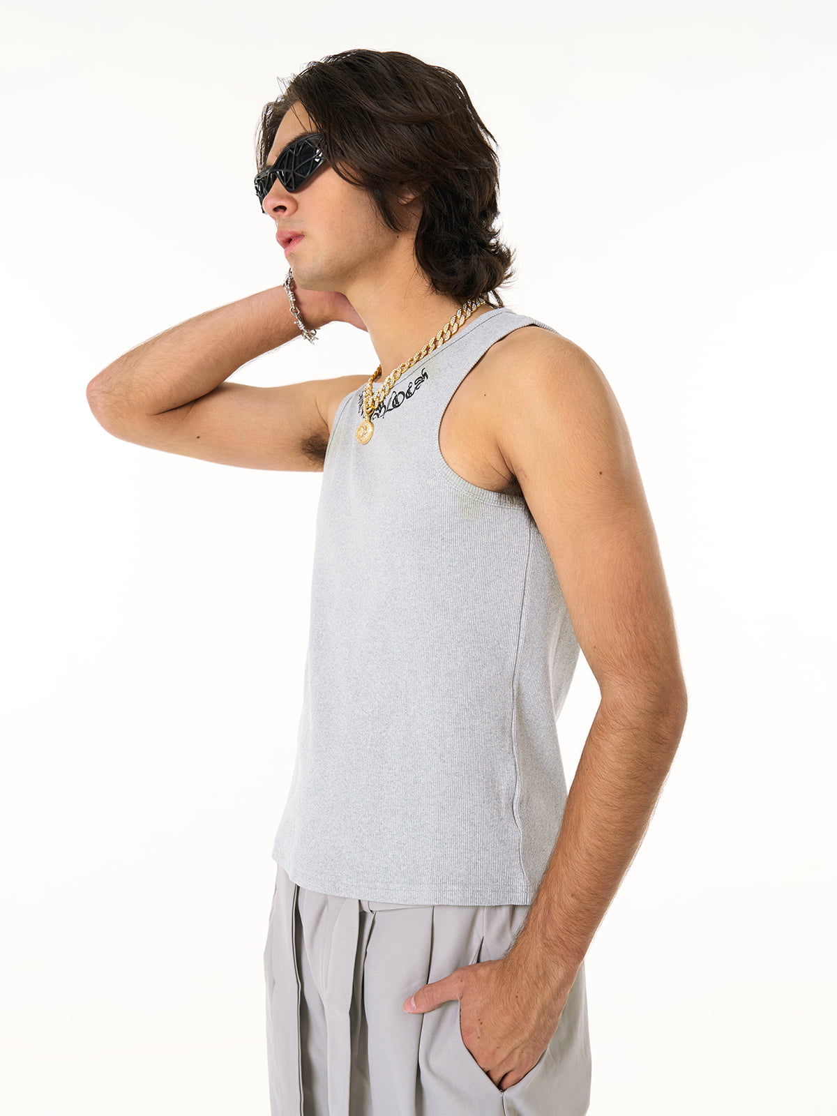 Gothic Lettering Embroidered Ribbed Vest 