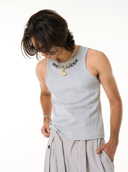 Gothic Lettering Embroidered Ribbed Vest 