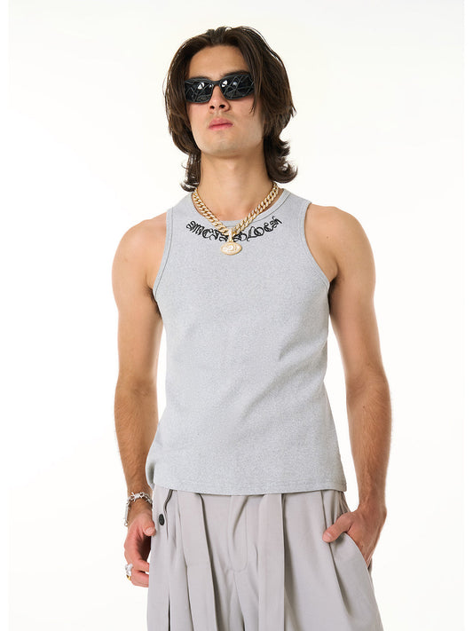 Gothic Lettering Embroidered Ribbed Vest 