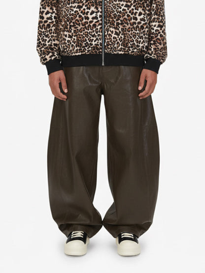 Vintage Pleated PU Leather Barrel Pants 