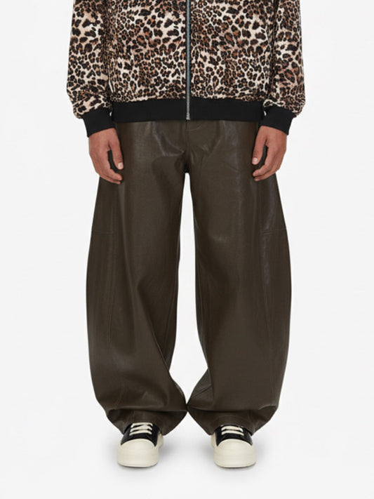 Vintage Pleated PU Leather Barrel Pants 