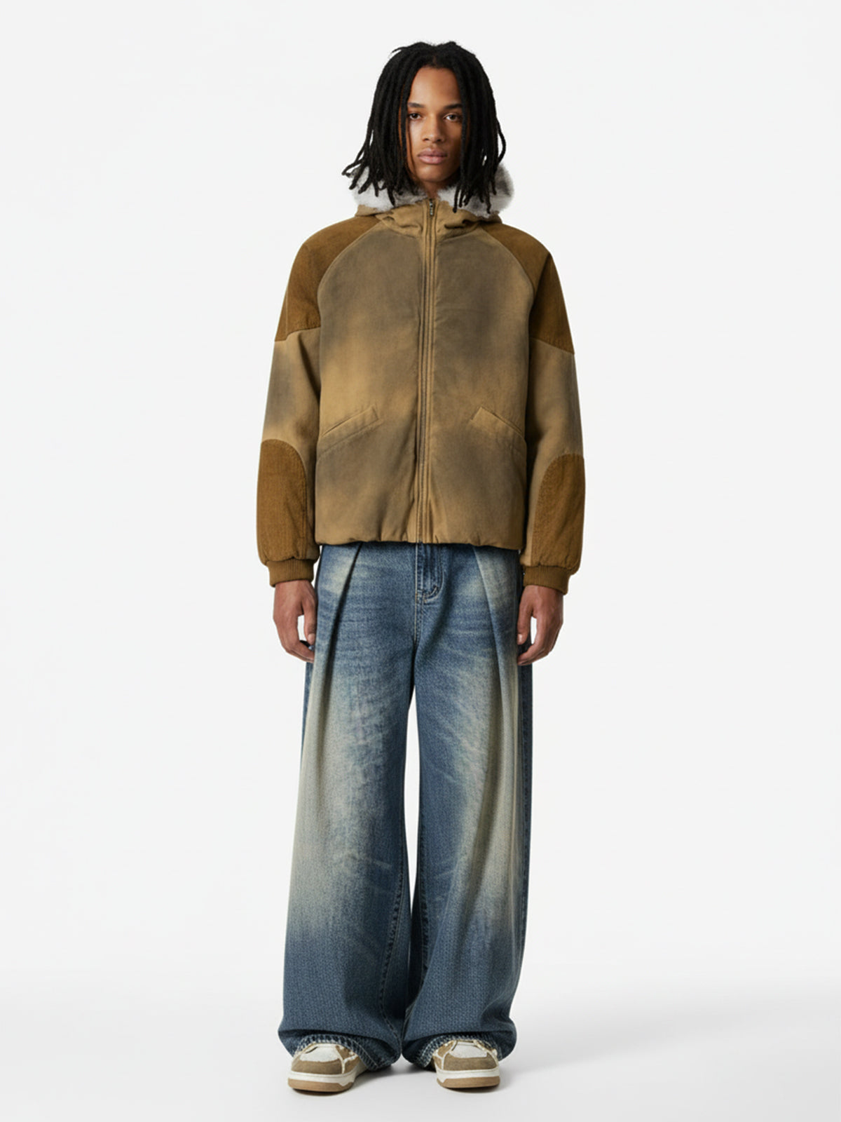 Vintage Washed Pleated Wide-Leg Jeans 