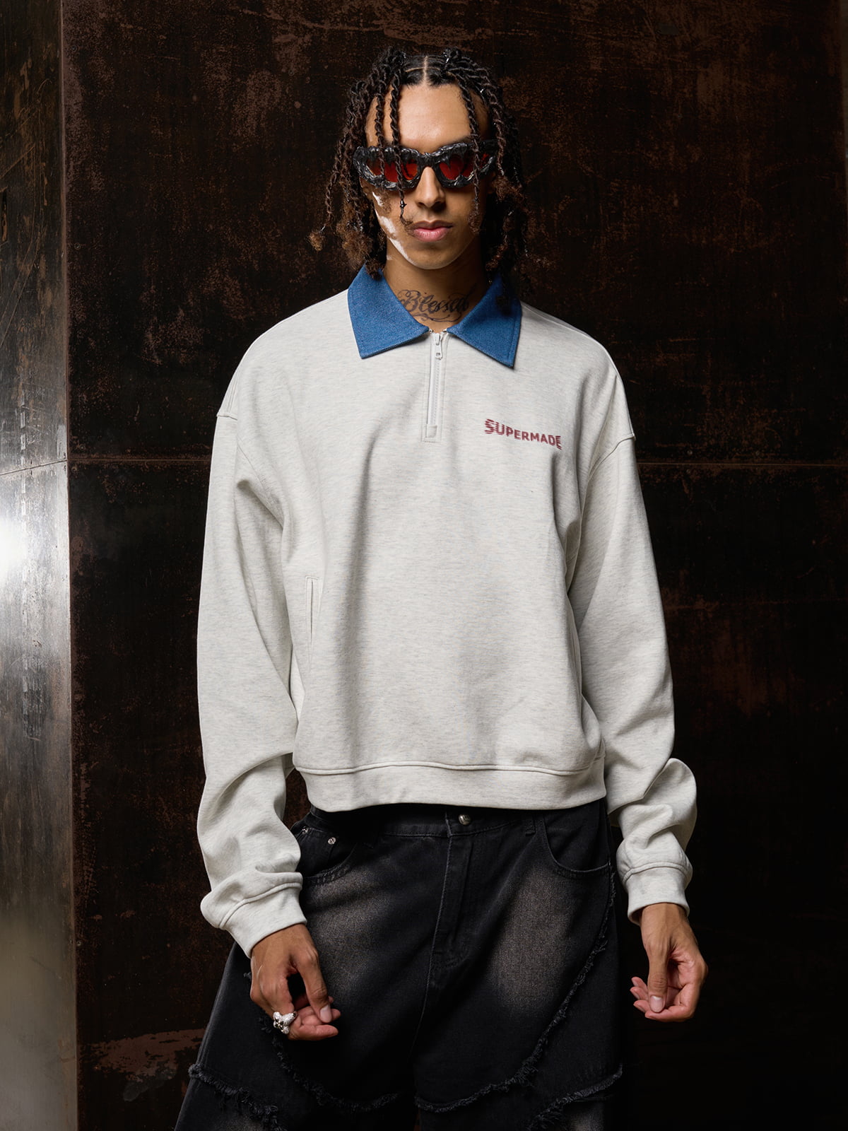 Original Denim Lapel Patchwork Sweatshirt 