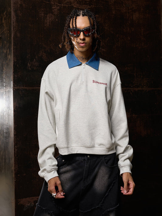 Original Denim Lapel Patchwork Sweatshirt 