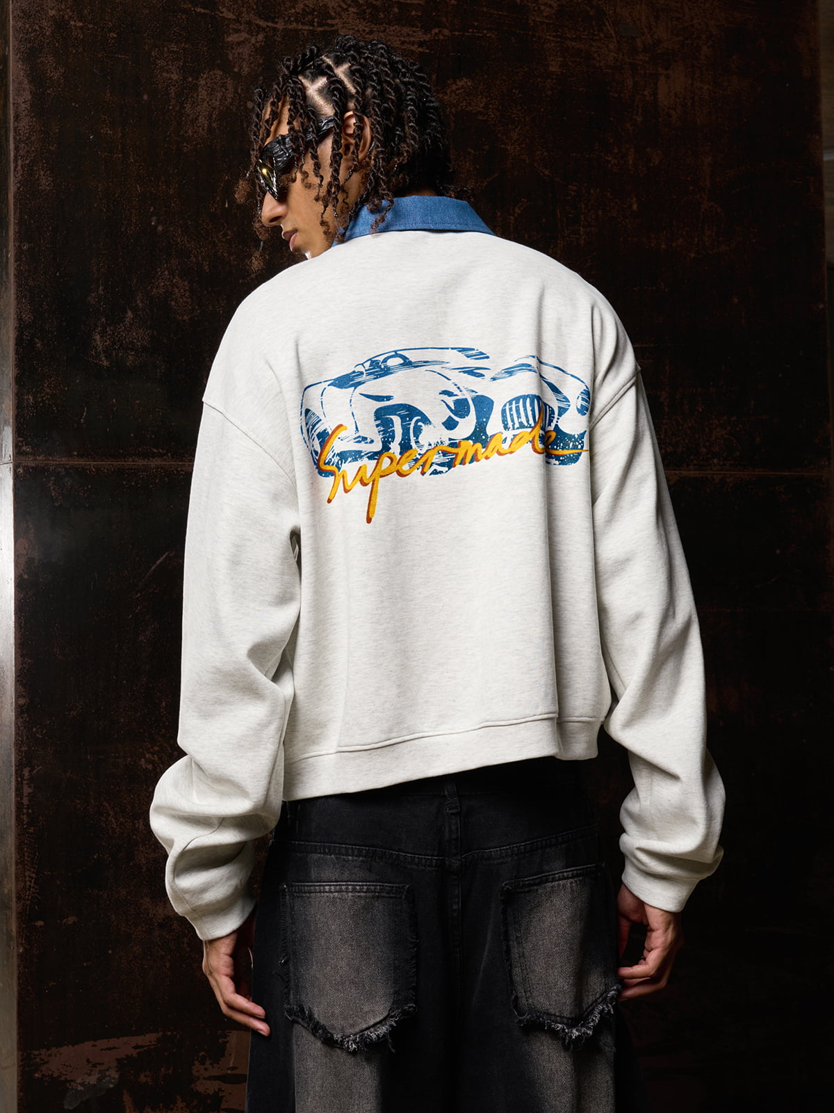 Original Denim Lapel Patchwork Sweatshirt 