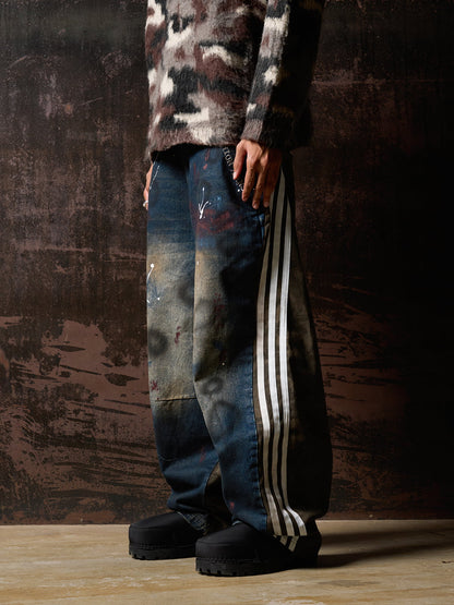 Washed Stripe Patchwork Totem Print Baggy Jeans 
