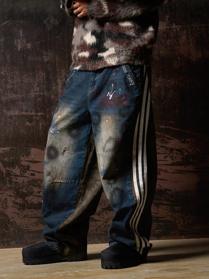 Washed Stripe Patchwork Totem Print Baggy Jeans 