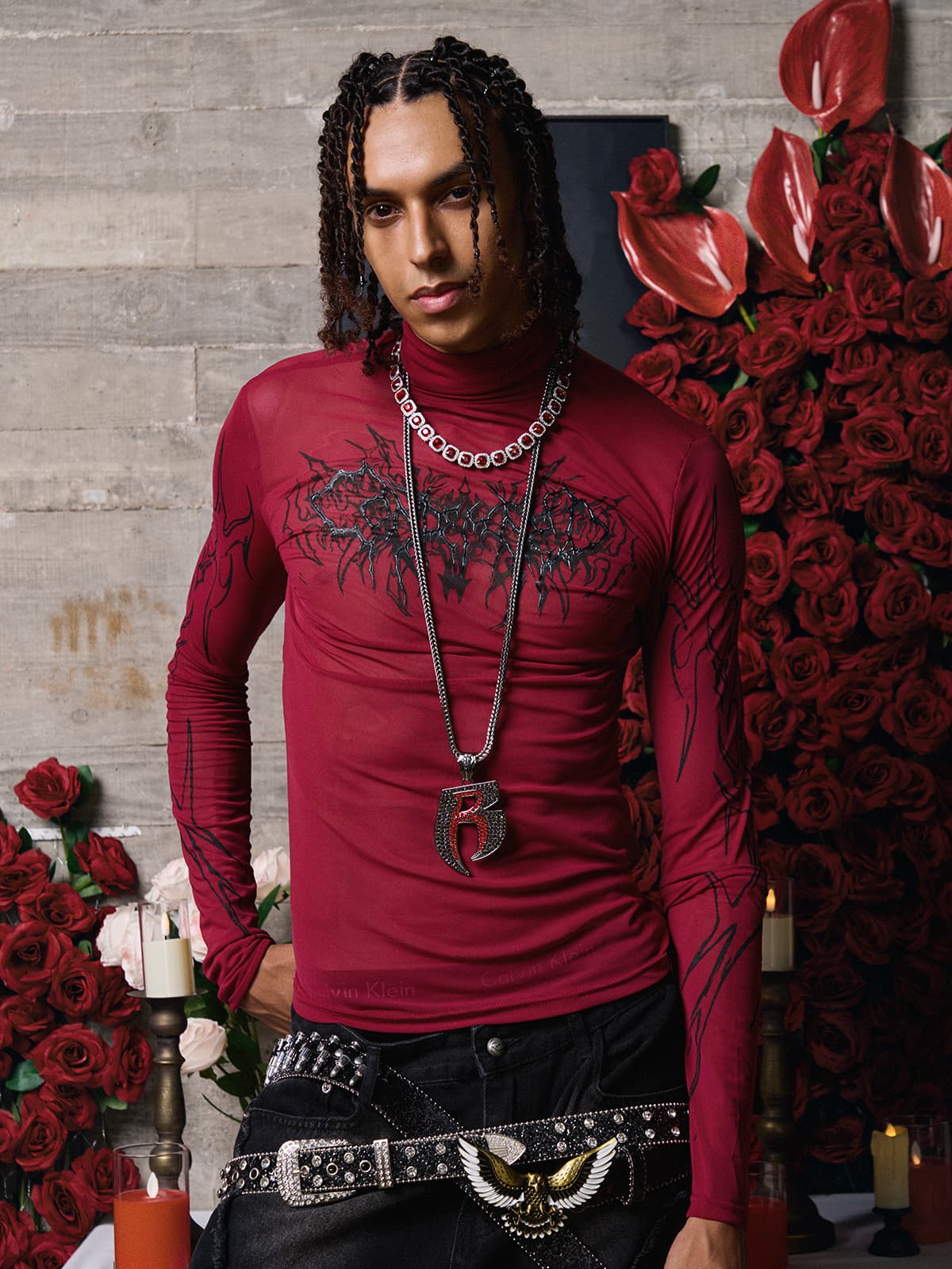 Dark Style Printed Slim Mesh Long Sleeves T-Shirt 