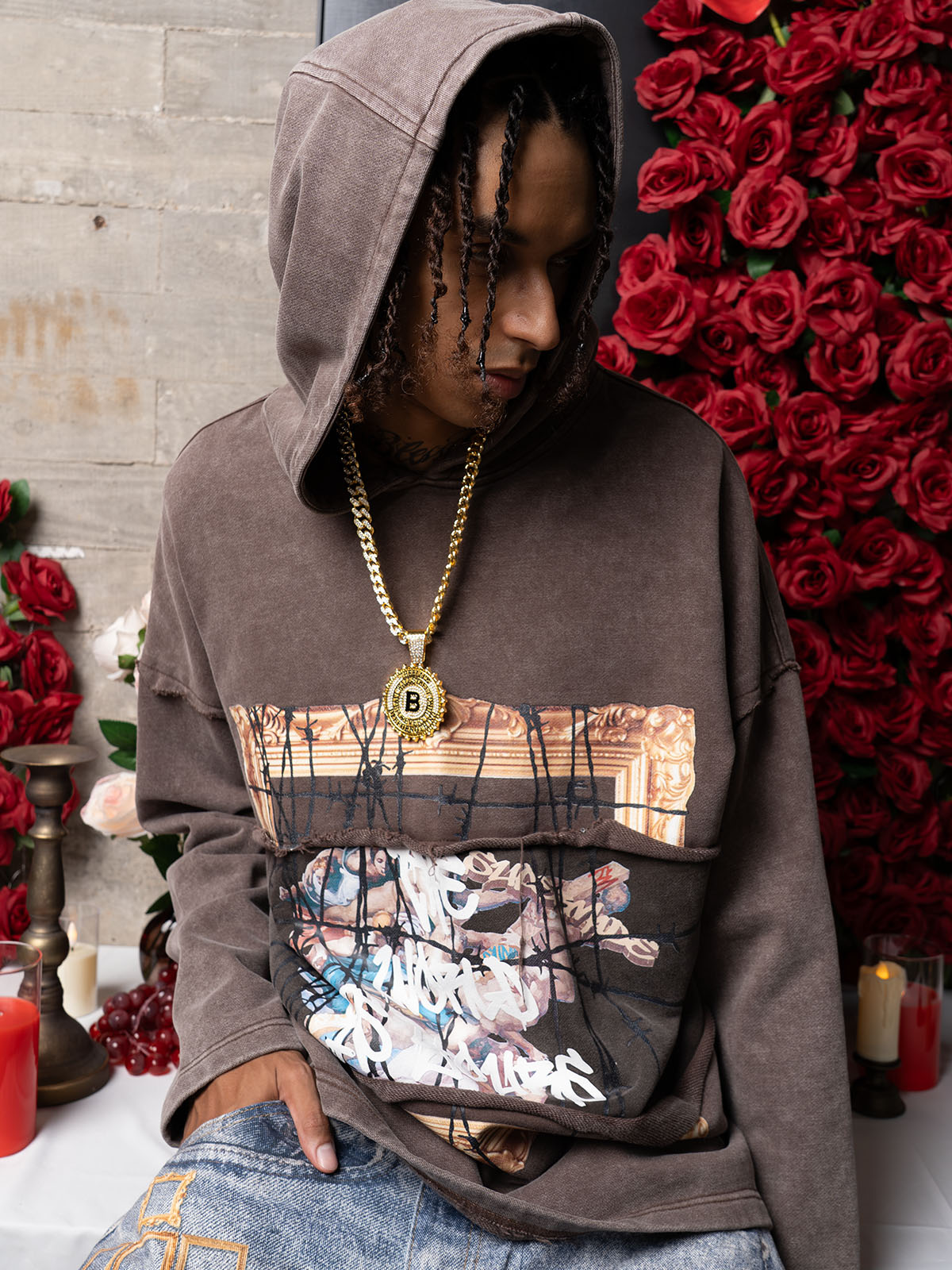 Distressed Thorn Destruction Painting Hooded Sweatshirt 