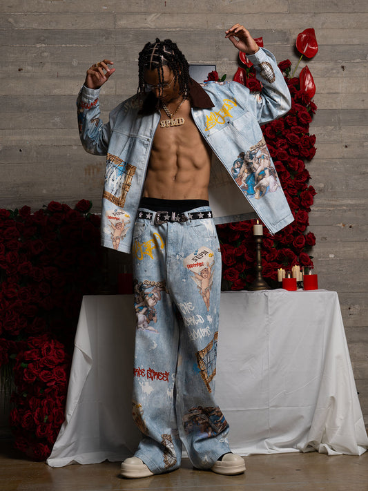 Artistic Graffiti Print Denim Jacket and Pants Set 
