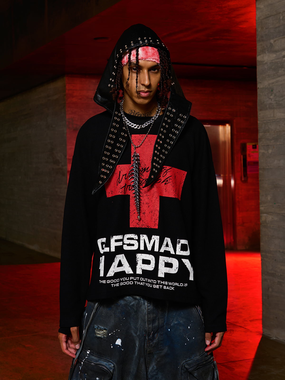 Street Cross Lettering Print Long-Sleeved T-Shirt 