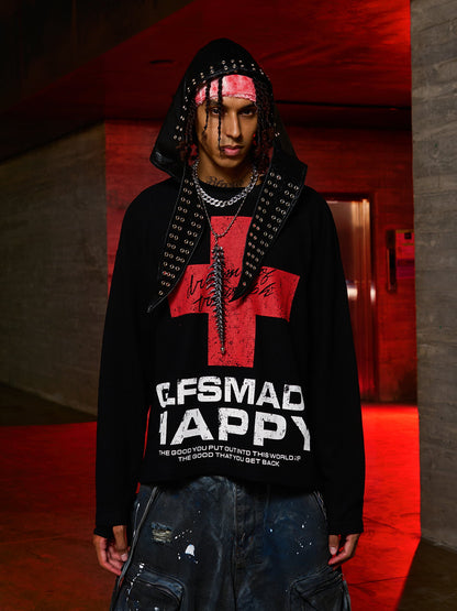 Street Cross Lettering Print Long-Sleeved T-Shirt 
