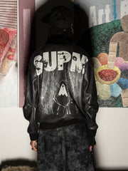 SUPM Fur Collar Rhinestone Pattern Leather Jacket - 2557 
