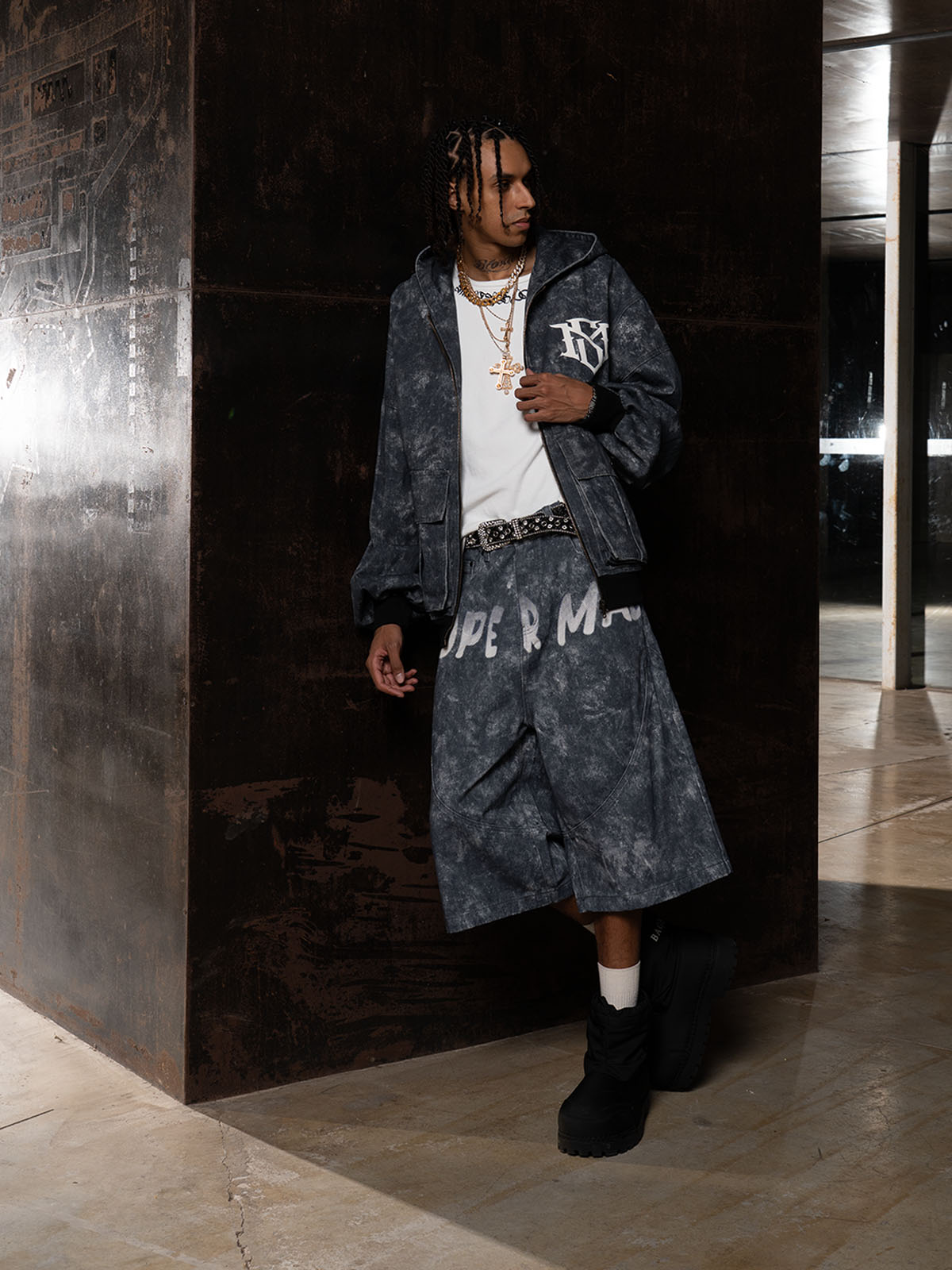 Original Oversized Denim Hoodie And Shorts Set 