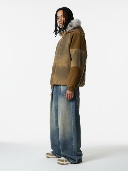 Vintage Washed Pleated Wide-Leg Jeans 