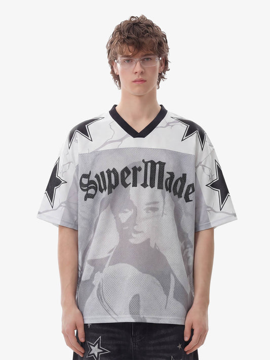 Portrait Graphic Star Print 99 Gothic Font Mesh Jersey T-Shirt 