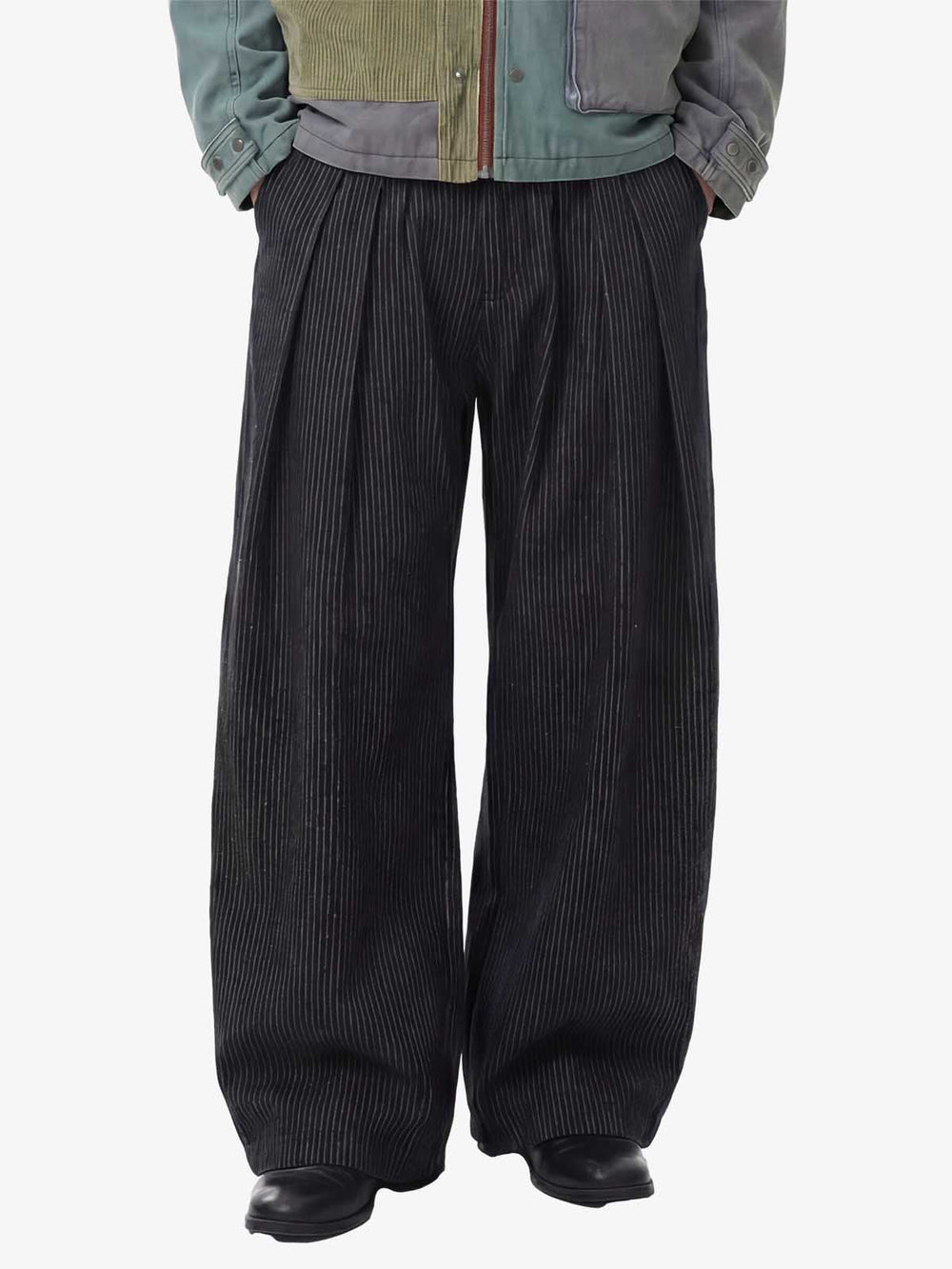 Vintage Pinstripe Pleated Wide-Leg Barrel Pants 