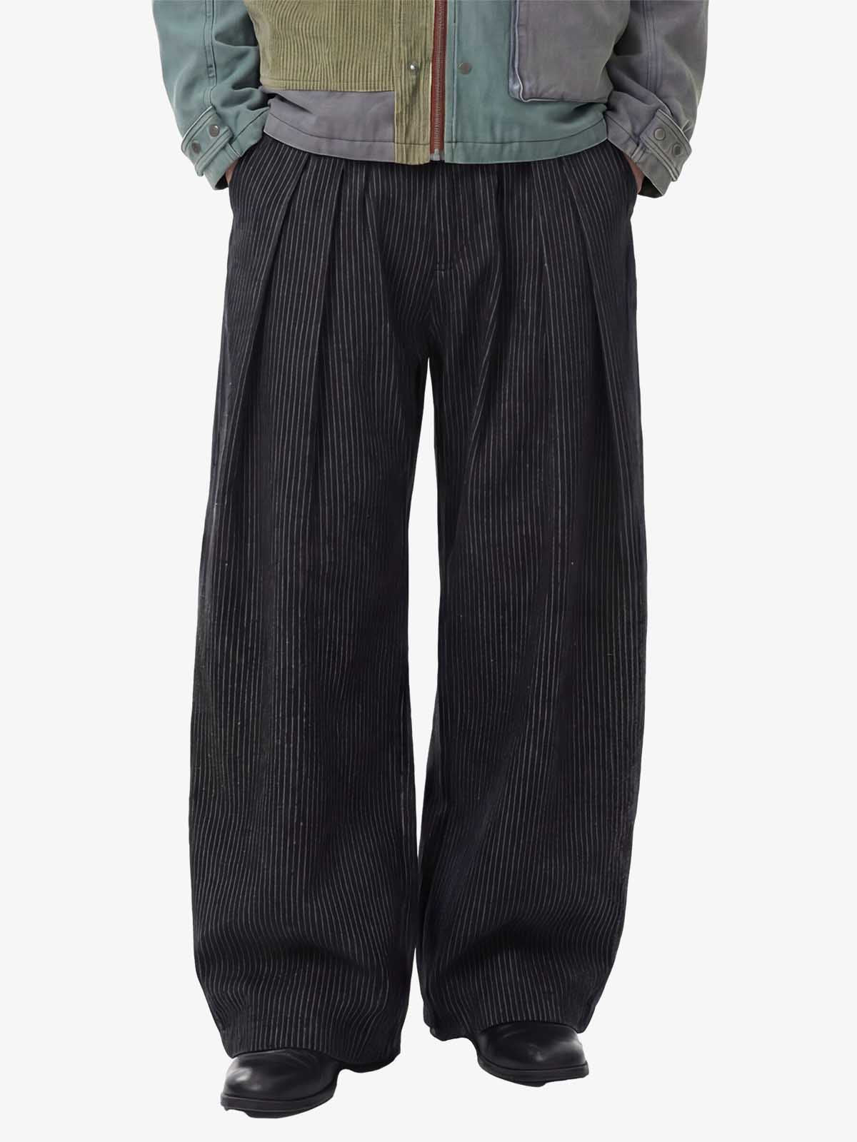 Vintage Pinstripe Pleated Wide-Leg Barrel Pants 