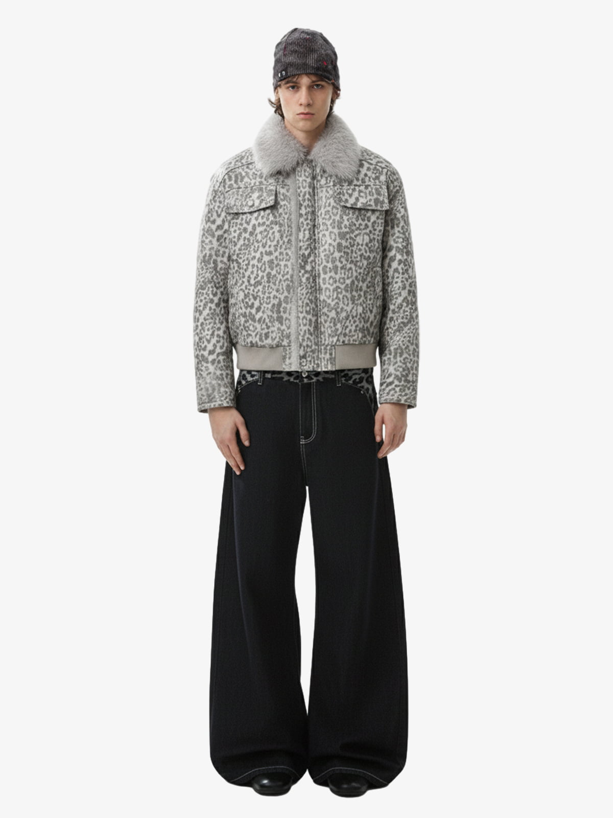 Vintage Leopard Fleece Faux Fur Collar Panel Trim Padded Jacket 