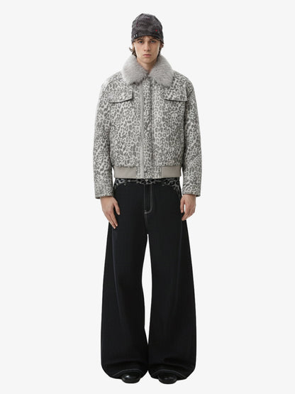 Vintage Leopard Fleece Faux Fur Collar Panel Trim Padded Jacket 