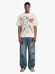Skeleton & Melted Heart Graphic Waffle Knit T-Shirt 