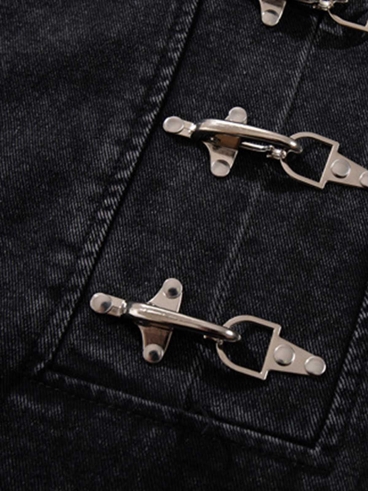 Denim Hoodie with Metal Toggle Closure Black Oversized Sweatshirt 
