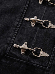 Denim Hoodie with Metal Toggle Closure Black Oversized Sweatshirt 