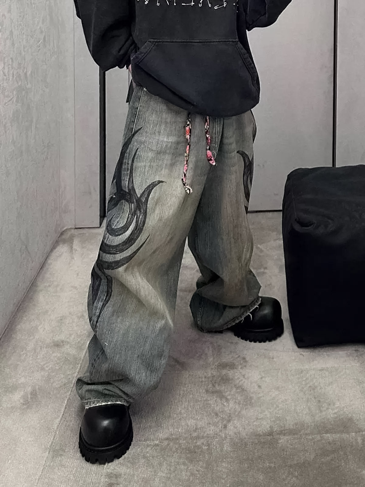 Unique Wide-Leg Denim Pants with Artistic Spider Design for Fashion Lovers 