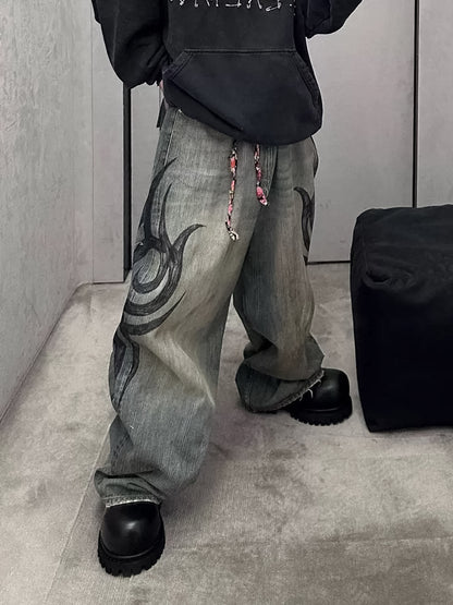 Unique Wide-Leg Denim Pants with Artistic Spider Design for Fashion Lovers 