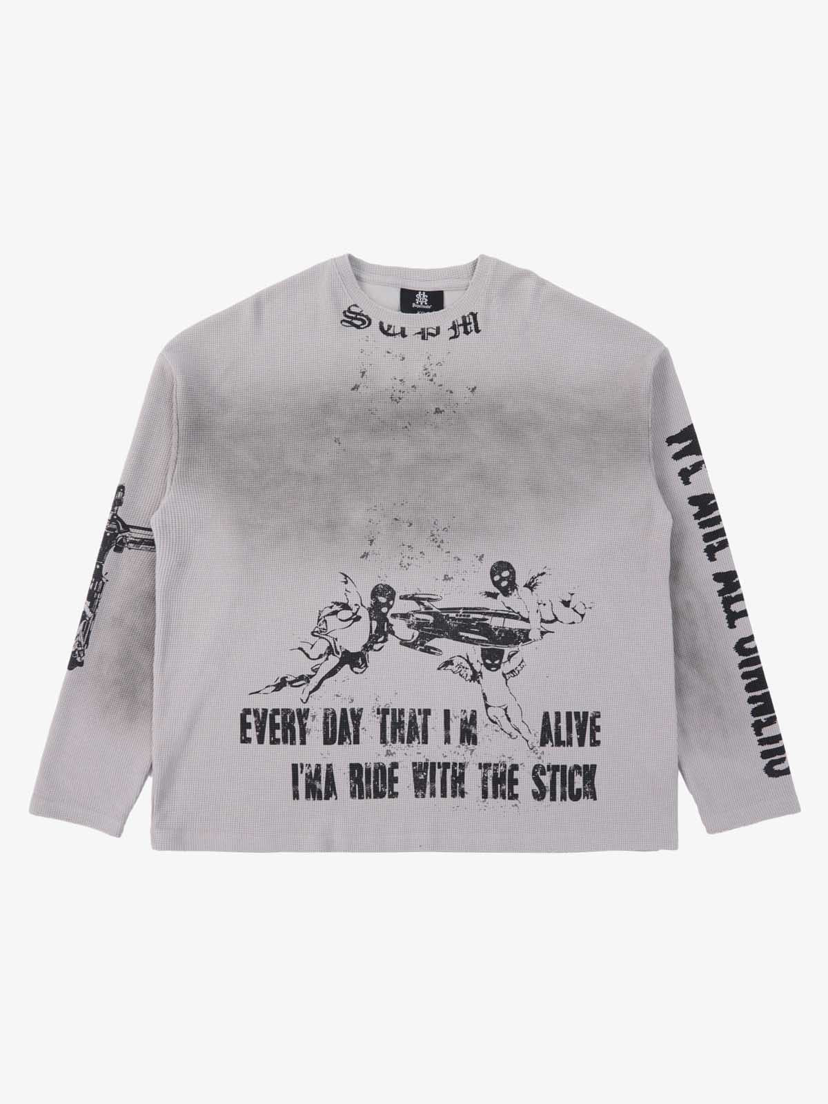 Waffle-Knit Distressed Gradient Print Long T-Shirt 