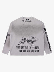 Waffle-Knit Distressed Gradient Print Long T-Shirt 