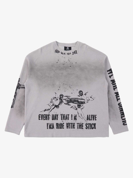 Waffle-Knit Distressed Gradient Print Long T-Shirt