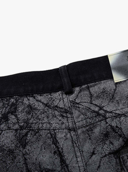 Cotton Blend Wide Leg Pants with Cracked Print and Black Panel Details 