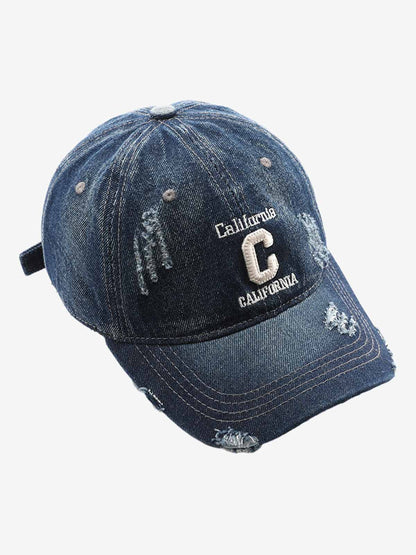 Distressed Denim Baseball Cap with Embroidered Lettering - Perfect for Casual and Sporty Looks 