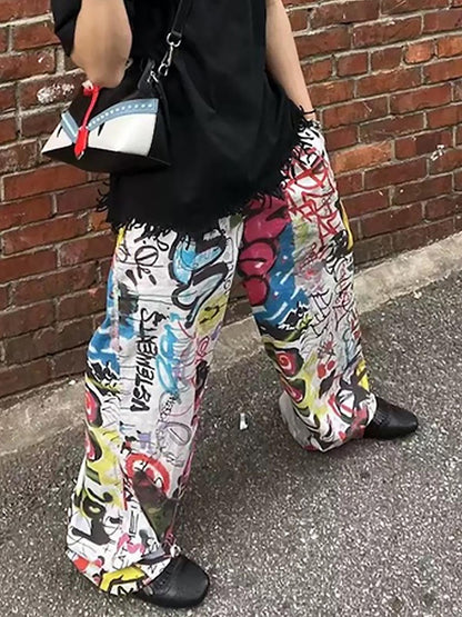 Graffiti Print Wide-Leg Pants for Urban Street Style 