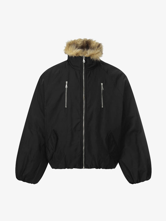 Thesupermade American Street Zipper Design Mountain Carved Fur Collar Quilted Cotton Jacket 