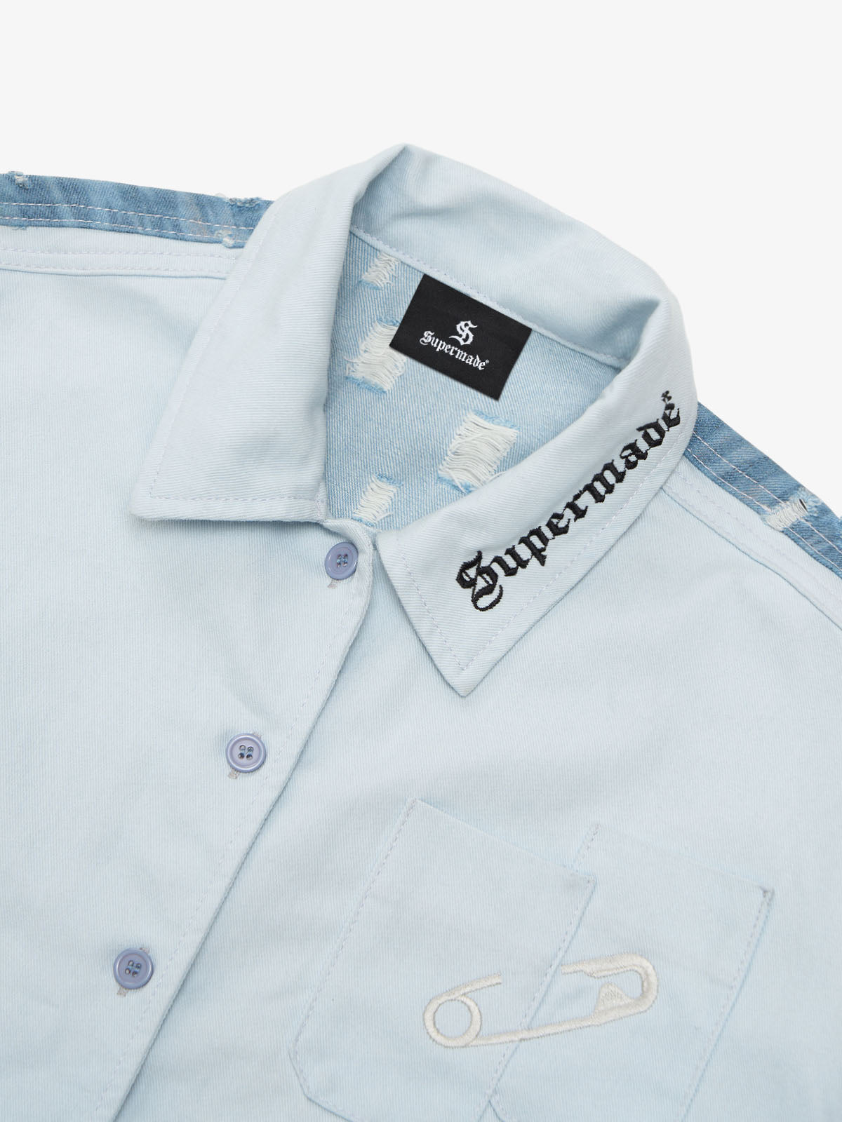 Thesupermade Embroidered pin-fixed pockets - striped batik ripped Denim Shirt 