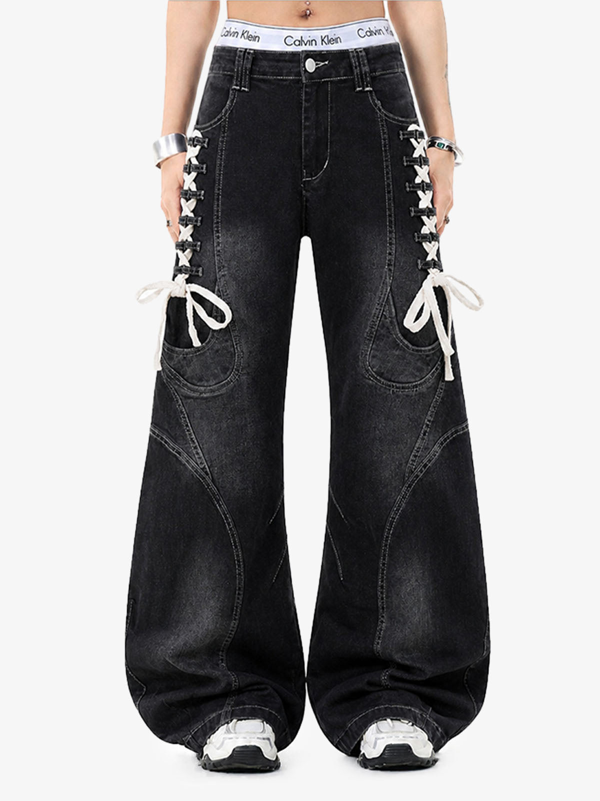 Lace-Up Denim Jeans; Black / S, Black / M, Black / L, Black / XL, Black / 2XL