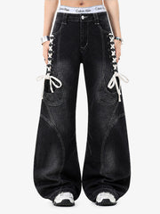 Lace-Up Denim Jeans; Black / S, Black / M, Black / L, Black / XL, Black / 2XL